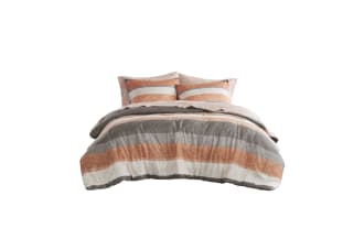 Santos California King Coral 7 Piece Striped Comforter Set in orange, gray, light gray, and white polyester fabric. Contemporary style with wide horizontal stripes. Includes comforter, pillow shams, and fitted sheet for a coordinated bedroom look.
