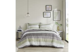 Santos Full Light Green 7 Piece Striped Comforter Set in polyester fabric with contemporary light green, gray, white stripes for a cozy bedroom.