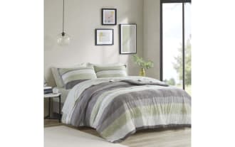 Santos Queen Light Green 7 Piece Striped Comforter Set in polyester fabric with contemporary light green, gray, white stripes, and matching pillow shams.