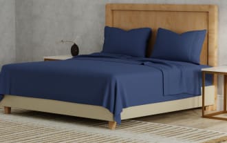 Soft Lyocell Split Head Queen Blue 4 Piece Sheet Set in blue transitional style, made from breathable 100% TENCEL™ Lyocell fabric with deep pockets for mattresses up to 18”.