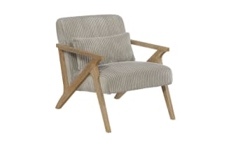 Baylor Taupe Accent Chair with tan polyester fabric upholstery, mid-century modern style, natural wire-brush plywood frame, and plush high-density foam seat with matching lumbar pillow.