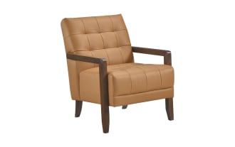 Tenley Orange Leather Accent Chair with mid-century modern tufted orange leather upholstery, plush foam cushions, and walnut-finished solid wood legs.