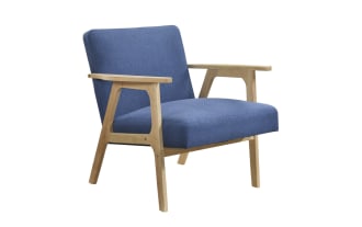 Jace Blue Accent Chair in mid-century modern style with blue polyester fabric, high-density foam cushion, and natural rubberwood frame.
