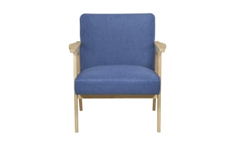 Jace Blue Accent Chair in mid-century modern style with blue polyester fabric, high-density foam cushion, and natural rubberwood frame.