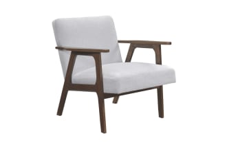 Jace Light Gray Accent Chair with mid-century modern design, light gray polyester fabric, high-density foam cushion, and rubberwood frame.