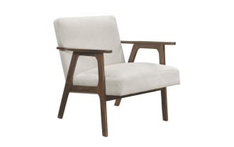 Beige Jace Accent Chair with mid-century modern design, solid rubberwood frame, polyester fabric upholstery, and high-density foam cushions for comfort.