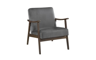 Rudy Gray Accent Chair with mid-century modern design, gray velvet upholstery, solid wood frame, and high-density foam cushions for comfort.