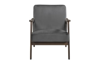 Rudy Gray Accent Chair with mid-century modern design, gray velvet upholstery, solid wood frame, and high-density foam cushions for comfort.