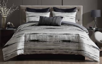 Eclipse King Silver Stripes 7 Piece Comforter Set in silver, black, and white polyester fabric with transitional style and soft, breathable texture.