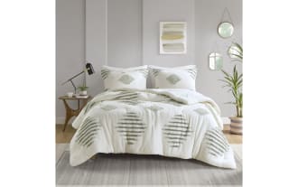 Harris Full/Queen Sage Geometric 3 Piece Comforter Set in green and ivory cotton blend fabric, featuring a soft, cozy transitional style with textured geometric patterns.