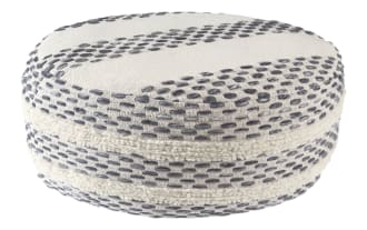 Jeff Navy Pouf in farmhouse style with navy blue cotton and wool fabric, featuring textured woven pattern and soft tufted stripes.