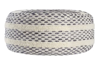Jeff Navy Pouf in farmhouse style with navy blue cotton and wool fabric, featuring textured woven pattern and soft tufted stripes.