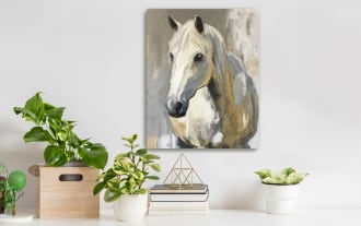 Acrylic painting of a white horse with beige and gray tones, featuring textured brushstrokes and a neutral background, suitable for home decor.