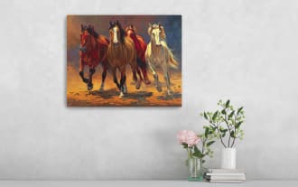 Four horses running forward on a dusty ground with a colorful, dynamic background, showcasing motion and strength in a realistic painting style.