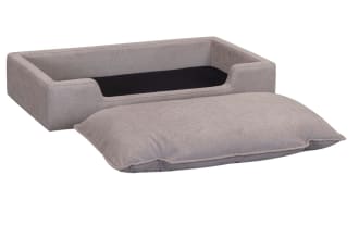 Cuddle Cloud Gray Pet Bed with transitional style, gray performance fabric upholstery, pine solids and plywood frame, featuring clean lines and plush cushioning.