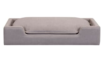 Cuddle Cloud Gray Pet Bed with transitional style, gray performance fabric upholstery, pine solids and plywood frame, featuring clean lines and plush cushioning.