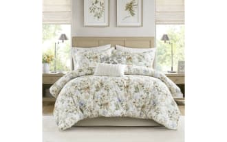 Botanical Bliss Queen Ivory 6 Piece Comforter Set with floral print in beige, brown, green, and blue. Made of cotton and polyester fabric with a contemporary style, featuring dash-stitching and bartack design for durability and comfort.