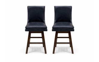 Set of two black leather swivel bar stools with cushioned seats and backs, supported by dark wooden legs and footrests, ideal for kitchen islands or home bars.