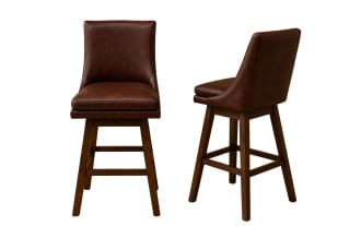 Two brown leather upholstered swivel bar stools with cushioned seats and wooden legs, designed for kitchen or bar seating.