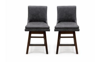 Pair of modern swivel bar stools with dark gray upholstered cushioned seats and backs, supported by dark wood legs and footrests.