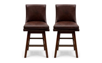 Set of 2 Elio Brown faux leather swivel bar stools with dark chocolate upholstery, solid back, rubberwood legs, and transitional style.