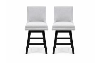 Set of two modern counter-height chairs with light gray upholstered cushioned seats and backs, featuring black wooden legs and footrests, ideal for kitchen or bar seating.