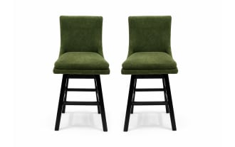Two green upholstered swivel bar stools with cushioned seats and black wooden legs, ideal for kitchen or home bar seating.
