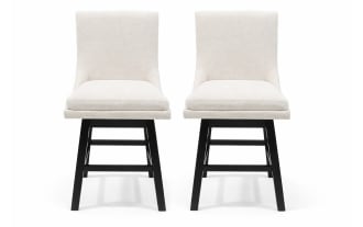 Pair of modern swivel dining chairs with cream-colored upholstered seats and backs, featuring black wooden legs and footrests.