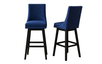 Set of 2 Elio navy blue solid back bar height swivel stools with performance fabric upholstery, rubberwood legs, and transitional style.
