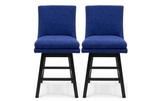 Set of 2 Elio navy blue solid back bar height swivel stools with performance fabric upholstery, rubberwood legs, and transitional style.