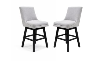 Set of 2 Elio Gray transitional bar height swivel stools with smoke gray performance fabric upholstery, rubberwood legs, and 180-degree swivel.