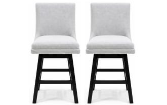 Set of 2 Elio Gray transitional bar height swivel stools with smoke gray performance fabric upholstery, rubberwood legs, and 180-degree swivel.
