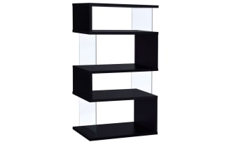 Dante 63'' black contemporary bookcase with four asymmetrical melamine, MDF, and particle board shelves, clear tempered glass side panels, and a sturdy flush base.