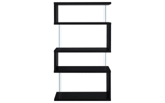 Dante 63'' black contemporary bookcase with four asymmetrical melamine, MDF, and particle board shelves, clear tempered glass side panels, and a sturdy flush base.