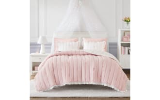 Maison Full/Queen Pink 3 Piece Quilt Set with white microfiber, pink bow embroidery, ruffled edges, and down-alternative fill for cozy, stylish bedding.