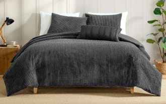 Aspen King Gray Solid 4 Piece Comforter Set in soft polyester fabric, featuring a textured striped design in a versatile transitional gray style for cozy bedroom decor.