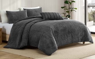 Aspen King Gray Solid 4 Piece Comforter Set in soft polyester fabric, featuring a textured striped design in a versatile transitional gray style for cozy bedroom decor.