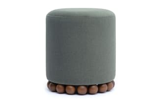 Addyson olive green ottoman with contemporary design, plush polyester fabric upholstery, and distinctive brown rubberwood orb base for stylish seating or footrest.