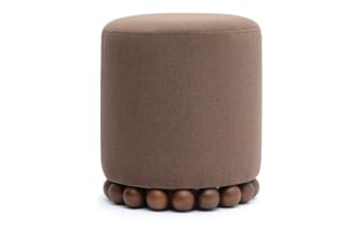 Addyson Brown Ottoman with contemporary brown polyester fabric upholstery and sculptural solid rubberwood orb base, soft vegan mohair texture.