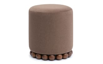 Addyson Brown Ottoman with contemporary brown polyester fabric upholstery and sculptural solid rubberwood orb base, soft vegan mohair texture.