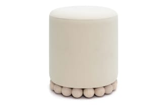 Addyson Cream/Natural Ottoman with cream polyester fabric upholstery and sculptural natural rubberwood orb base, contemporary style footrest or extra seating.