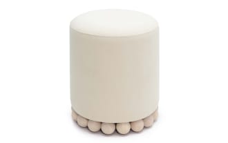 Addyson Cream/Natural Ottoman with cream polyester fabric upholstery and sculptural natural rubberwood orb base, contemporary style footrest or extra seating.