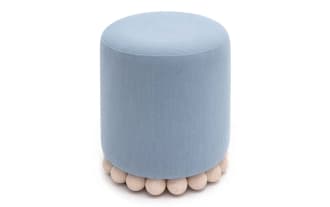 Addyson light blue contemporary ottoman with soft polyester fabric upholstery and natural rubberwood orb base, ideal for stylish seating or footrest.