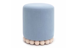 Addyson light blue contemporary ottoman with soft polyester fabric upholstery and natural rubberwood orb base, ideal for stylish seating or footrest.