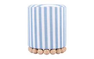 Addyson Light Blue Linen Striped Ottoman with contemporary blue and white vertical stripes, fabric upholstery, and sturdy round rubberwood orb base for seating or footrest.
