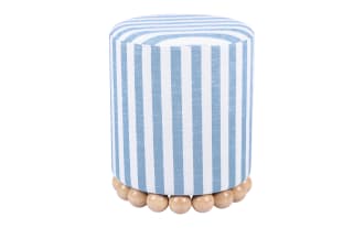 Addyson Light Blue Linen Striped Ottoman with contemporary blue and white vertical stripes, fabric upholstery, and sturdy round rubberwood orb base for seating or footrest.