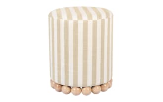 Addyson beige linen striped ottoman with contemporary design, featuring fabric upholstery and sturdy rubberwood orb base for seating or footrest.