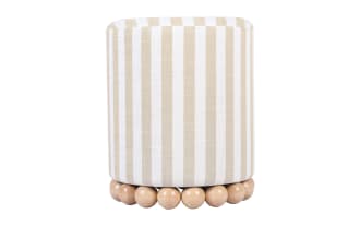 Addyson beige linen striped ottoman with contemporary design, featuring fabric upholstery and sturdy rubberwood orb base for seating or footrest.