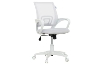 Lexi White Adjustable Swivel Mesh Office Chair with breathable white mesh back, padded seat, height and tilt adjustments, and five-point caster base.