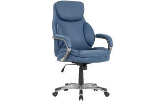Nyx Blue Adjustable Swivel Office Chair in blue faux leather with memory foam padding, metal base, nylon casters, and ergonomic tilt function.